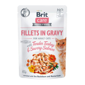 BRIT CARE CAT FILLETS IN GRAVY TENDER TURKEY AND SAVORY SALMON 85gr
