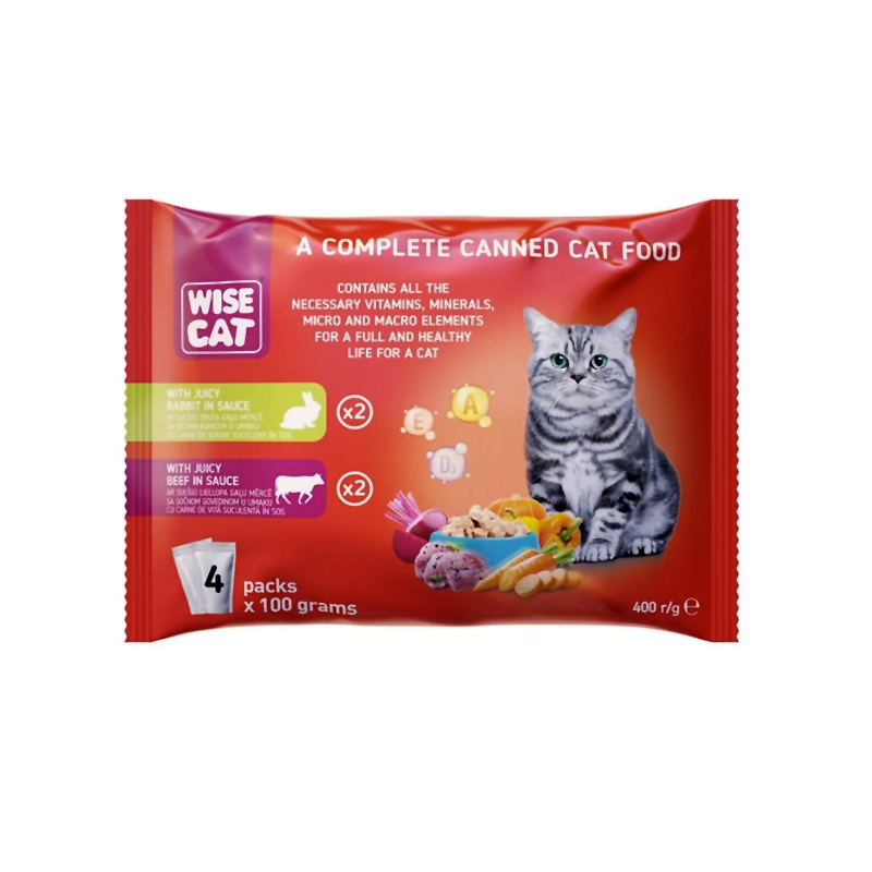 WISE CAT WITH JUICY RABBIT IN SAUCE AND JUICY BEEF IN SAUCE 4x100gr WISE CAT WITH JUICY RABBIT IN SAUCE AND JUICY BEEF IN SAUCE 4x100gr